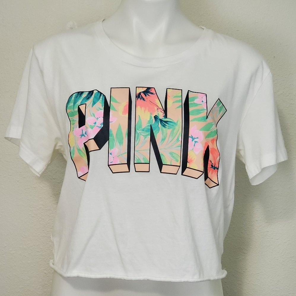 Pink Victoria Secret crop top tropical graphic tee